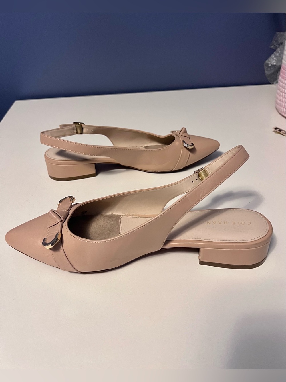 Cole Haan Nude Pointed Slingback Flats with Metal Accent - Picture 3 of 6